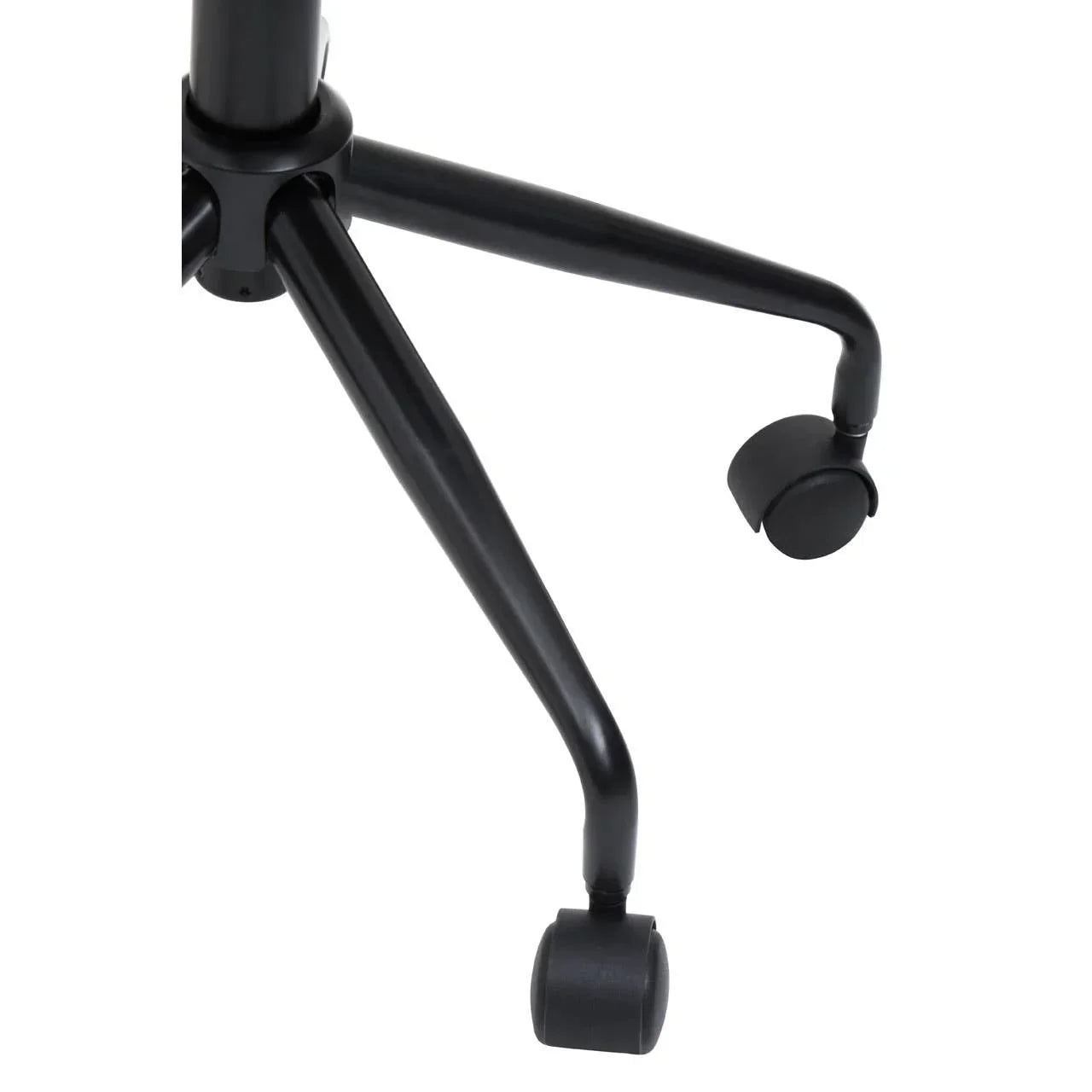 Black office chair metal legs with smooth rolling castor wheels close-up