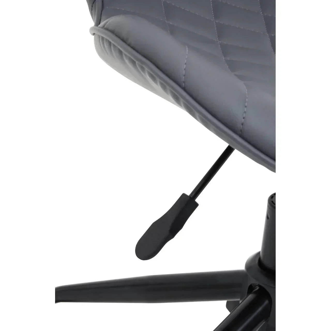 Closeup of grey office chair seat with quilted detail and height adjustment lever