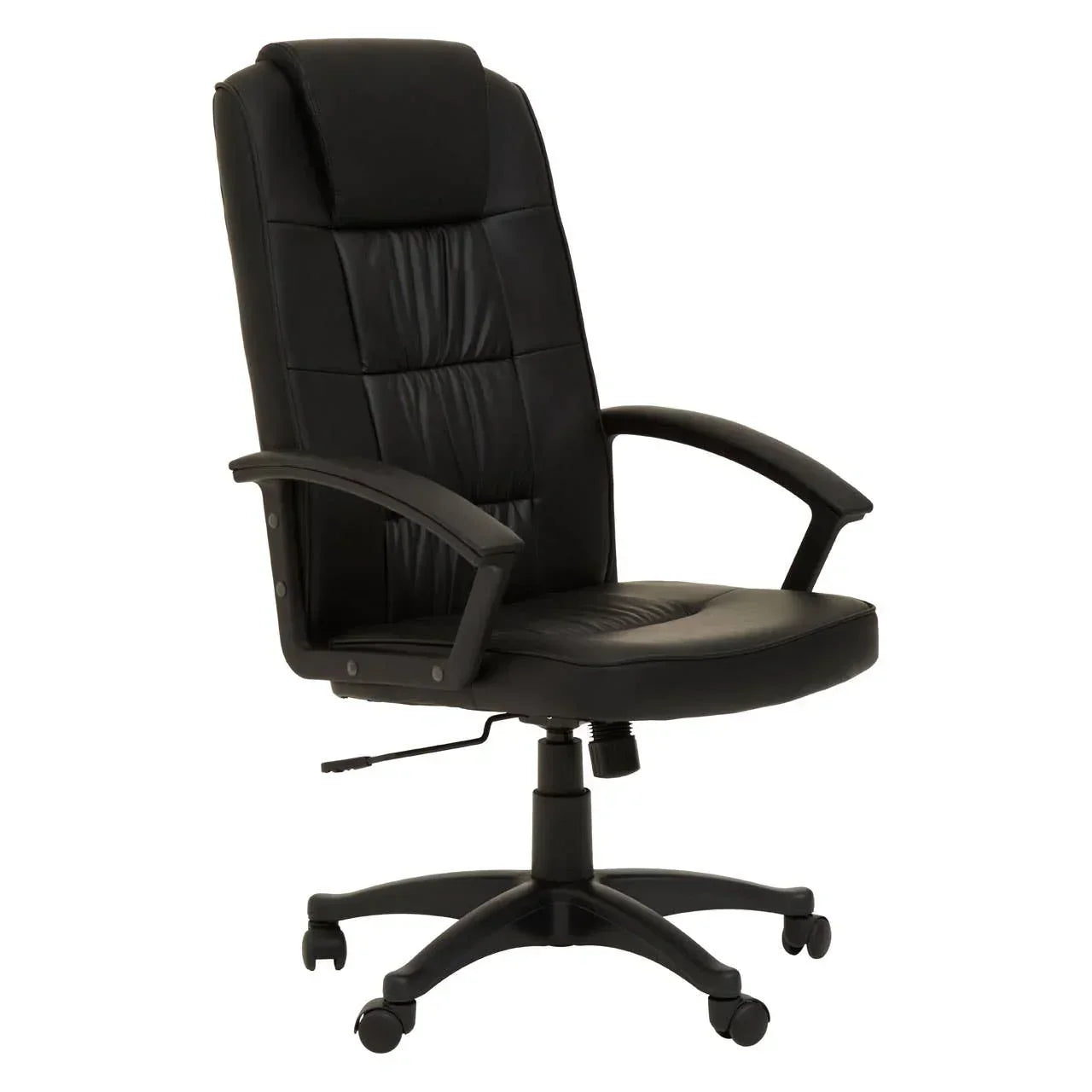 Black leather office chair with padded seat, high backrest and armrests on wheels