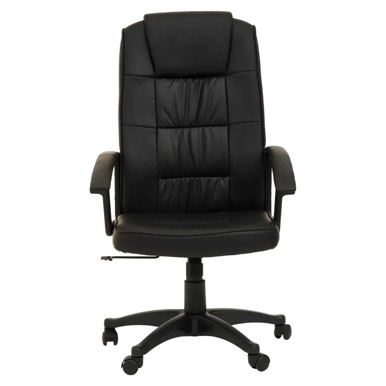 Black leather office chair with padded armrests and high back on rolling base