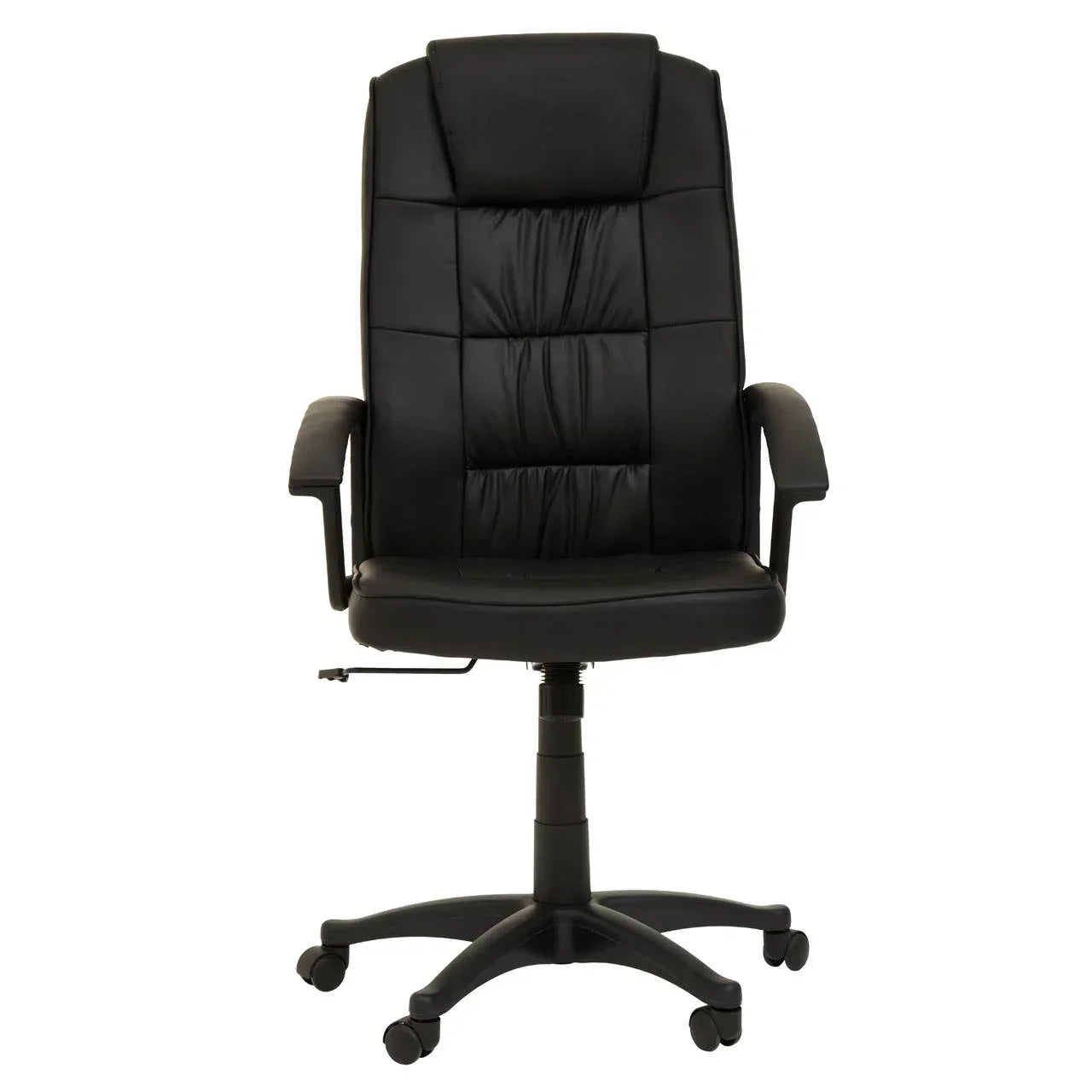 Black leather office chair with padded seat, high backrest, armrests, and swivel base