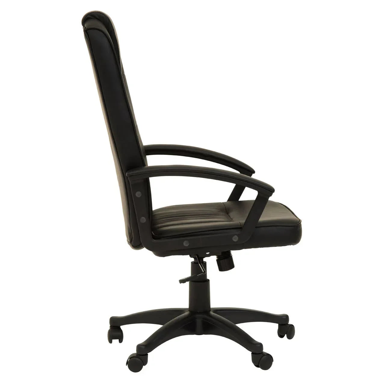 Black leather office chair with padded seat, armrests and wheeled base, side view