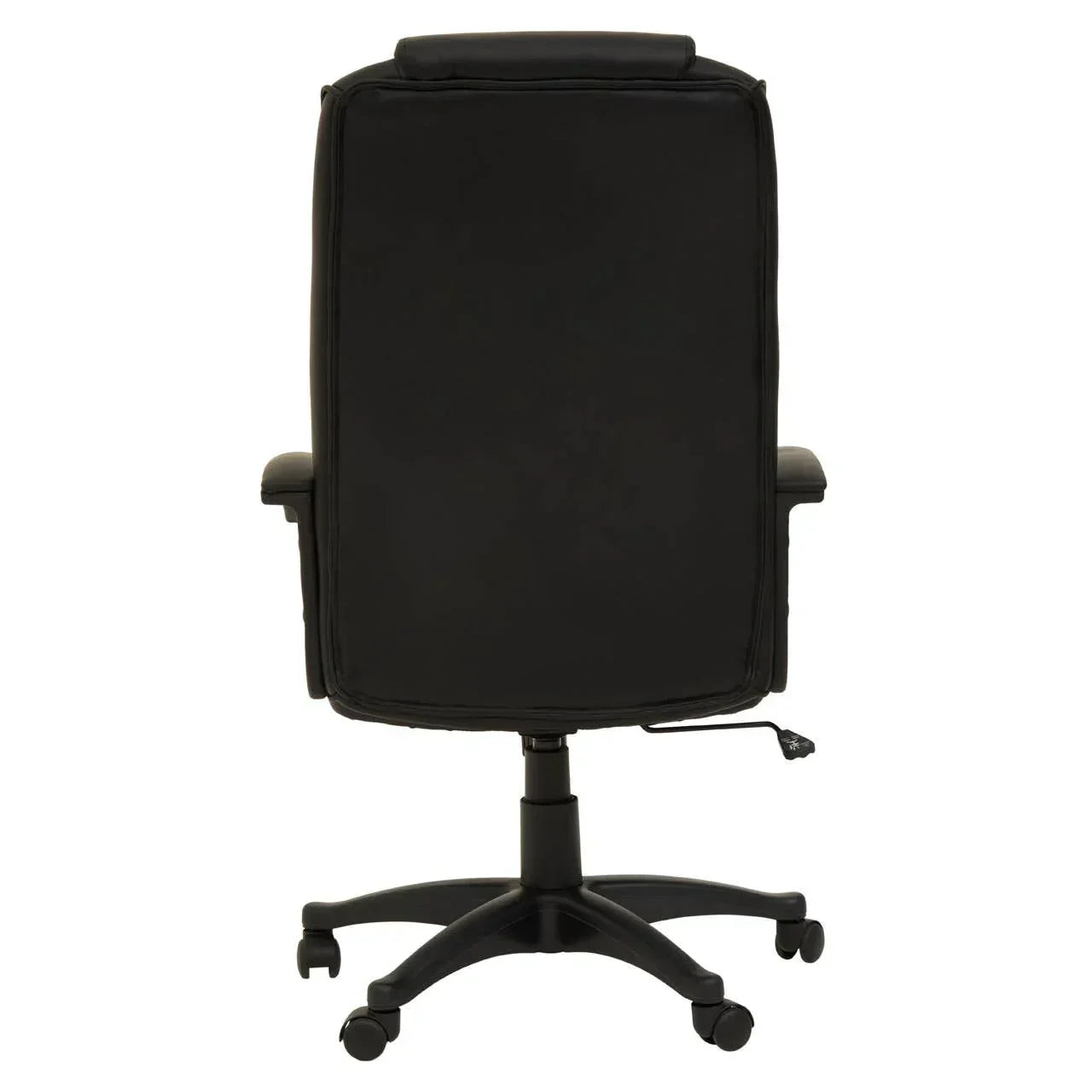 Black office chair rear view with adjustable height lever and five-wheel base