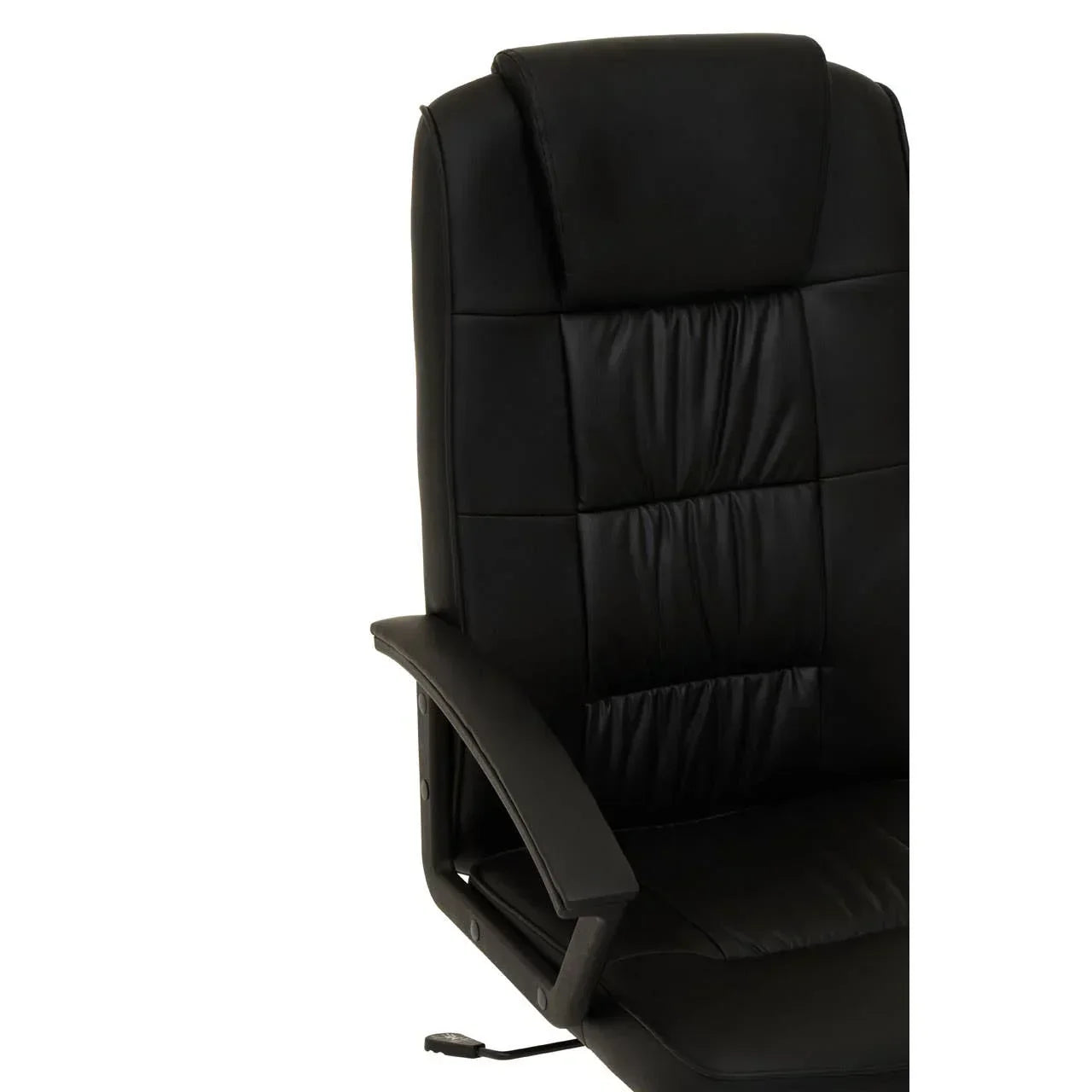 Black leather office chair with padded high backrest and armrest, partial side view