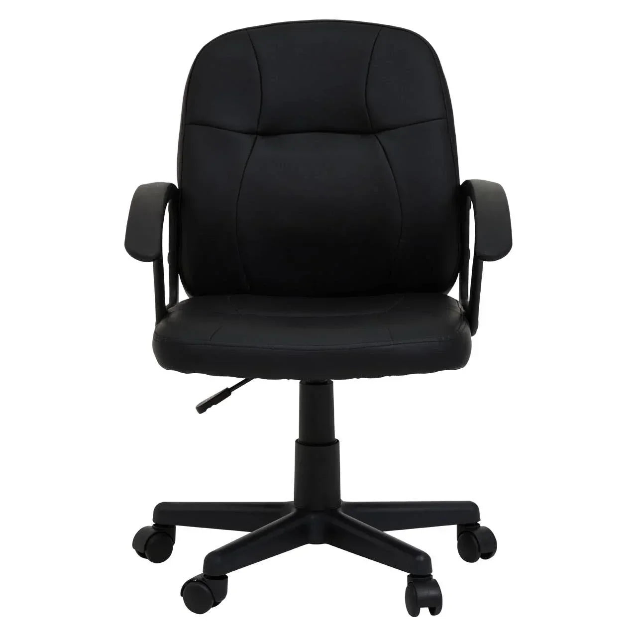 Black office chair with cushioned seat, adjustable height and armrests, on swivel wheels