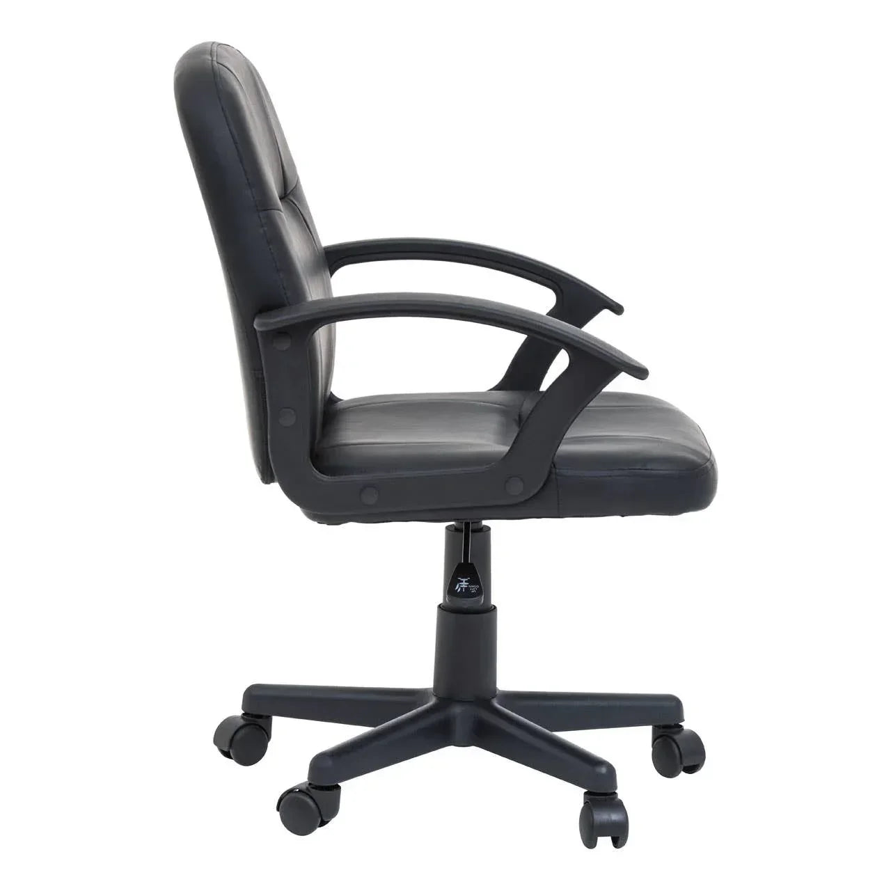 Black leather office chair with armrests and caster wheels, side profile view