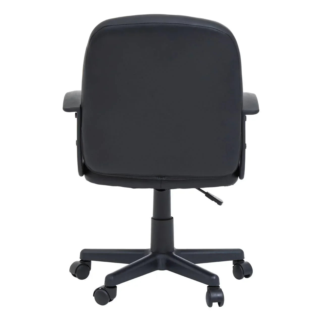 Black office chair with padded backrest, armrests and caster wheels, rear view