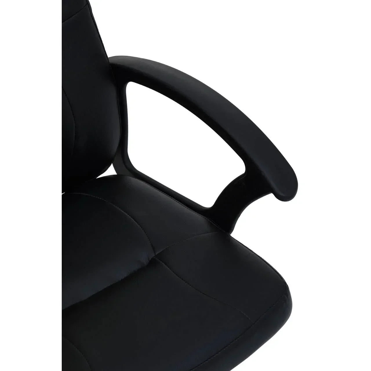 Black office chair closeup showing padded seat and curved armrest