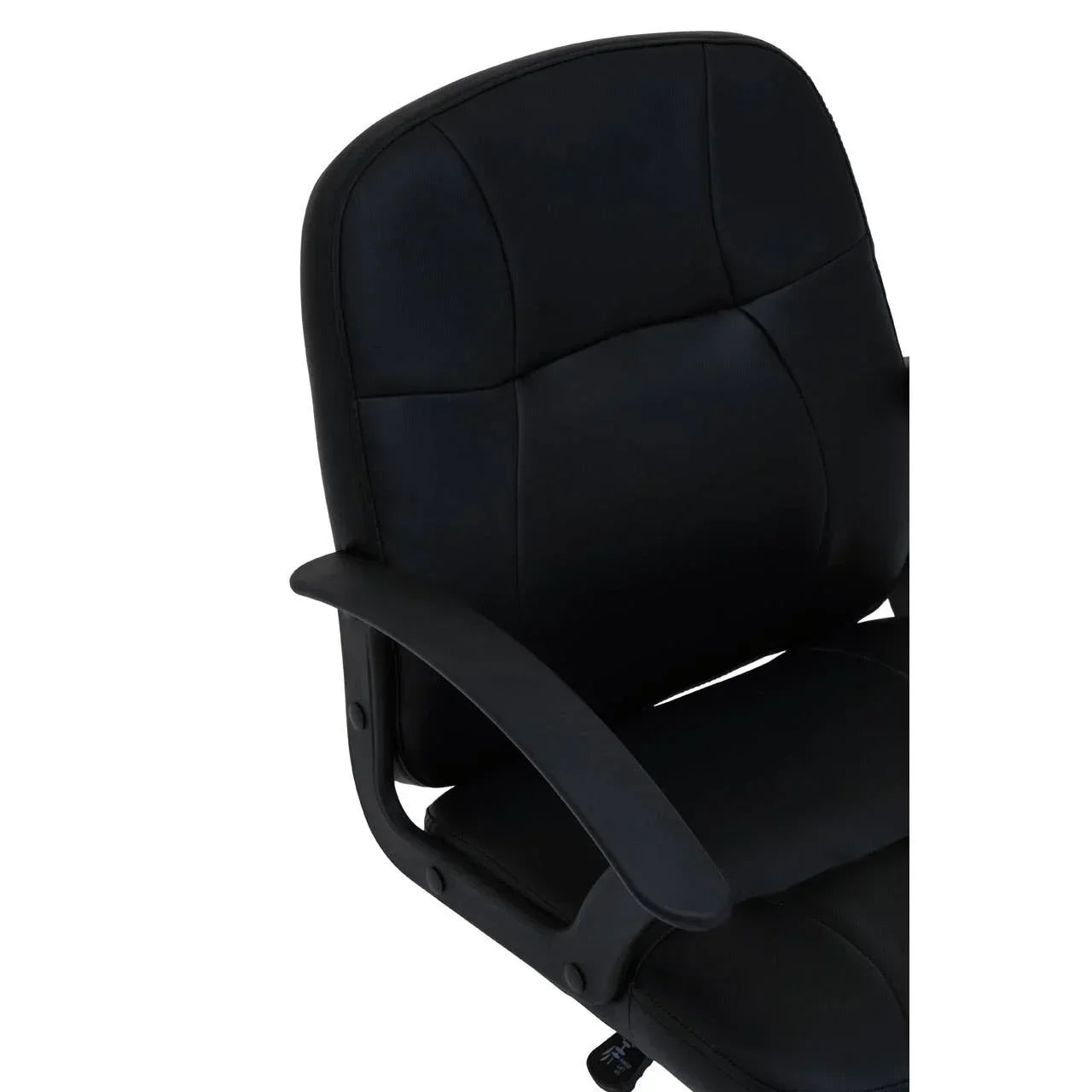 Black office chair with padded backrest and armrest, close-up side view