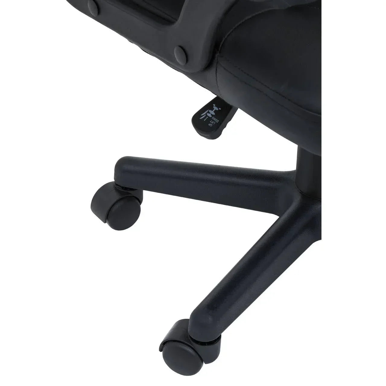 Black office chair base with caster wheels and recline control lever detail