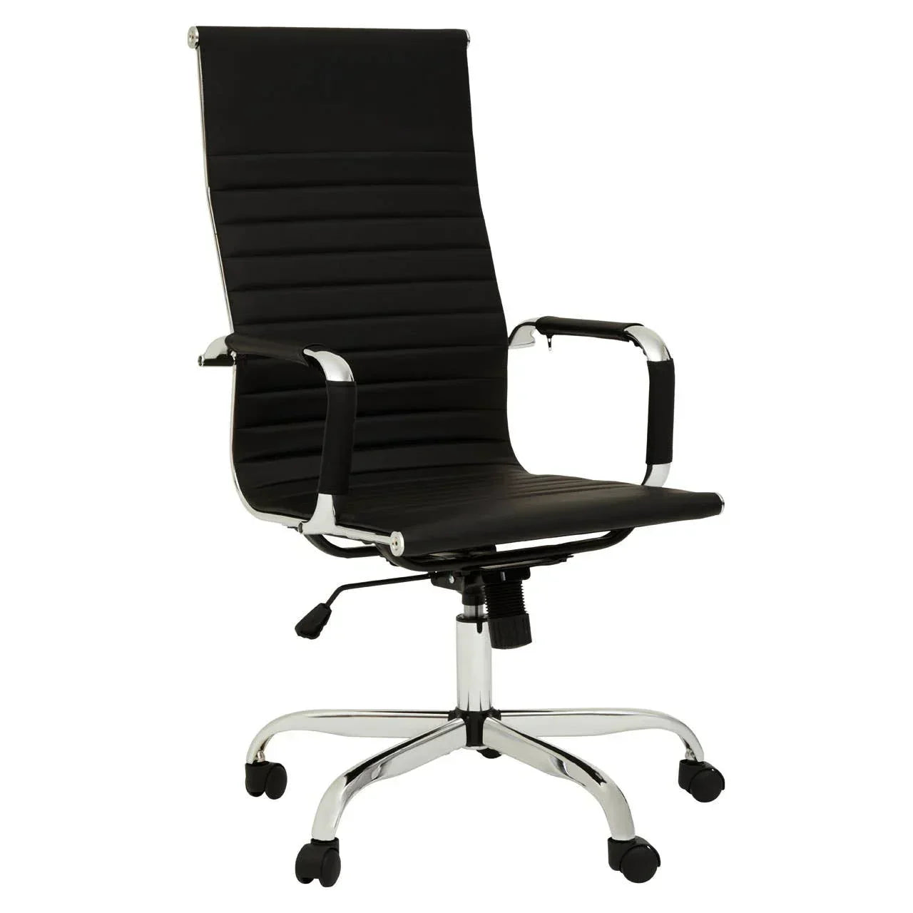 Black leather office chair with chrome armrests and high back on caster wheels