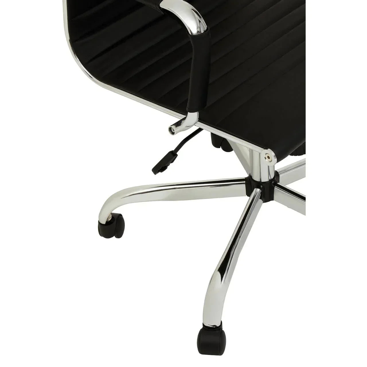 Black office chair with chrome base, armrest detail and seat height lever