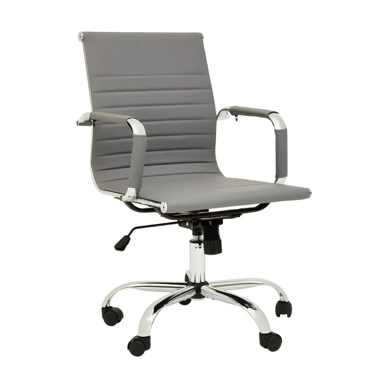 Grey office chair with chrome frame, padded armrests, and wheeled base