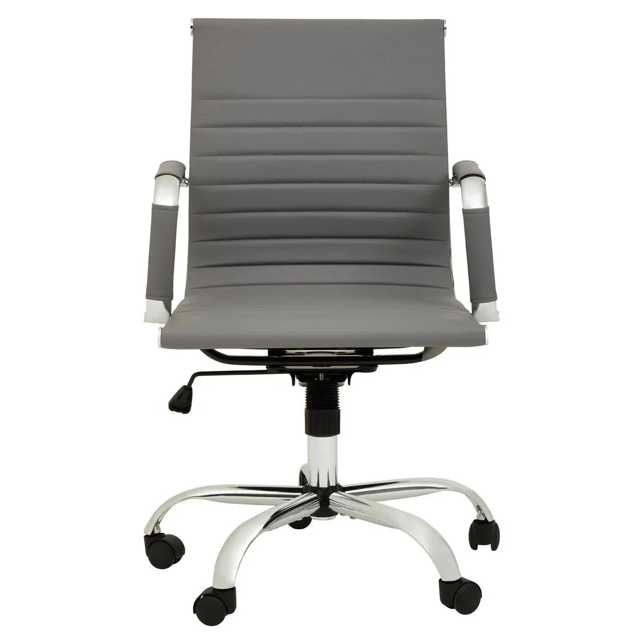 Grey office chair with padded armrests and chrome swivel base on castor wheels, front view
