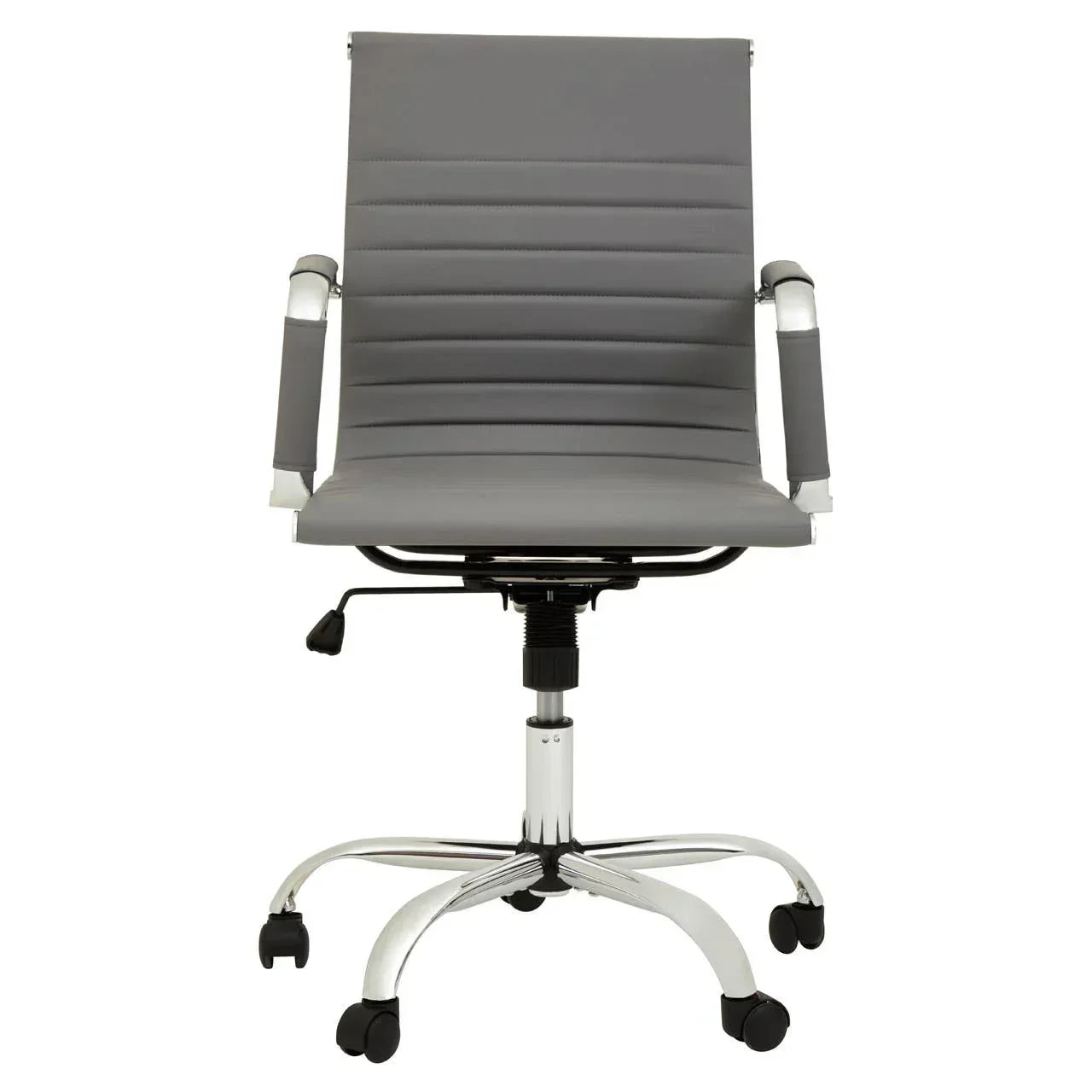 Grey office chair with chrome base, padded armrests and adjustable height lever, front view