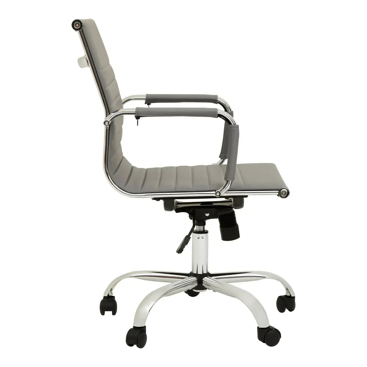 Grey office chair with chrome frame, armrests, and wheels, side profile view