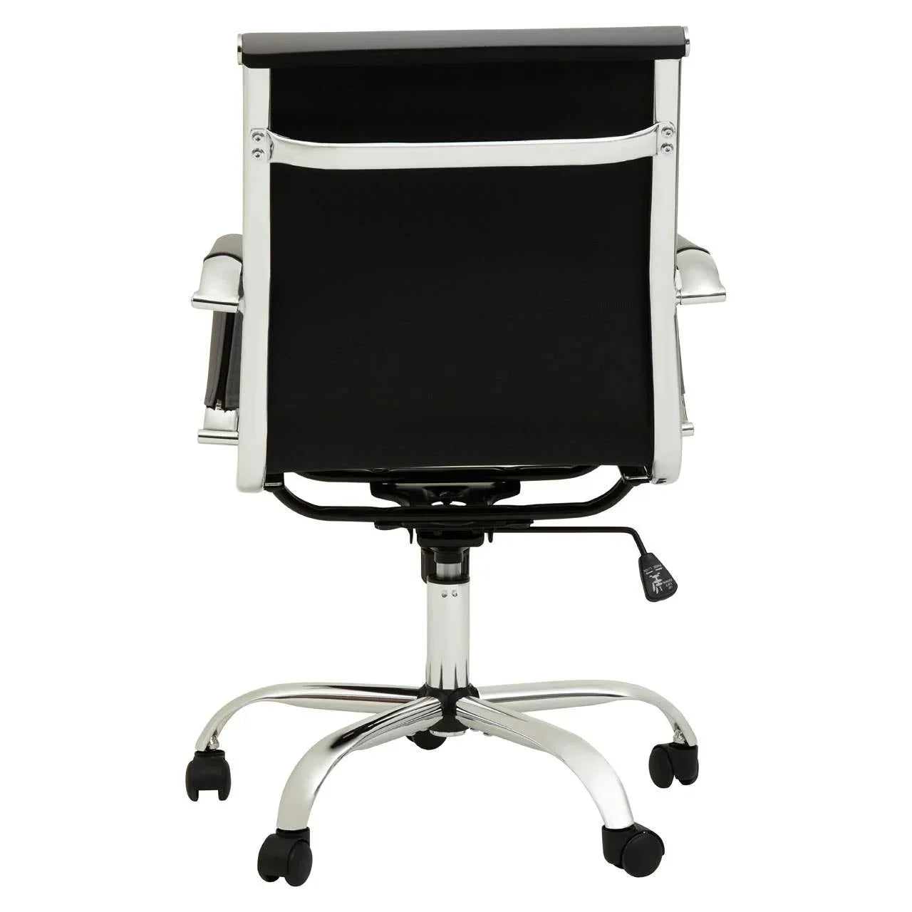 Black mesh office chair with chrome frame and armrests, rear view on casters