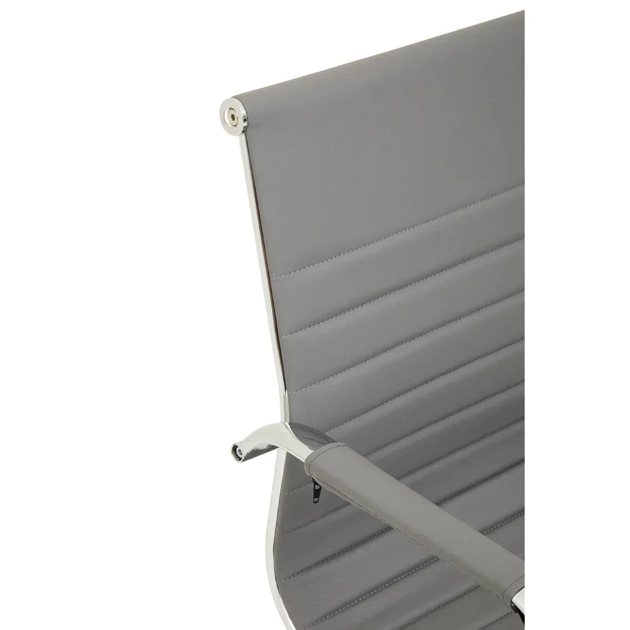 Grey office chair backrest with chrome armrest and horizontal stitching detail