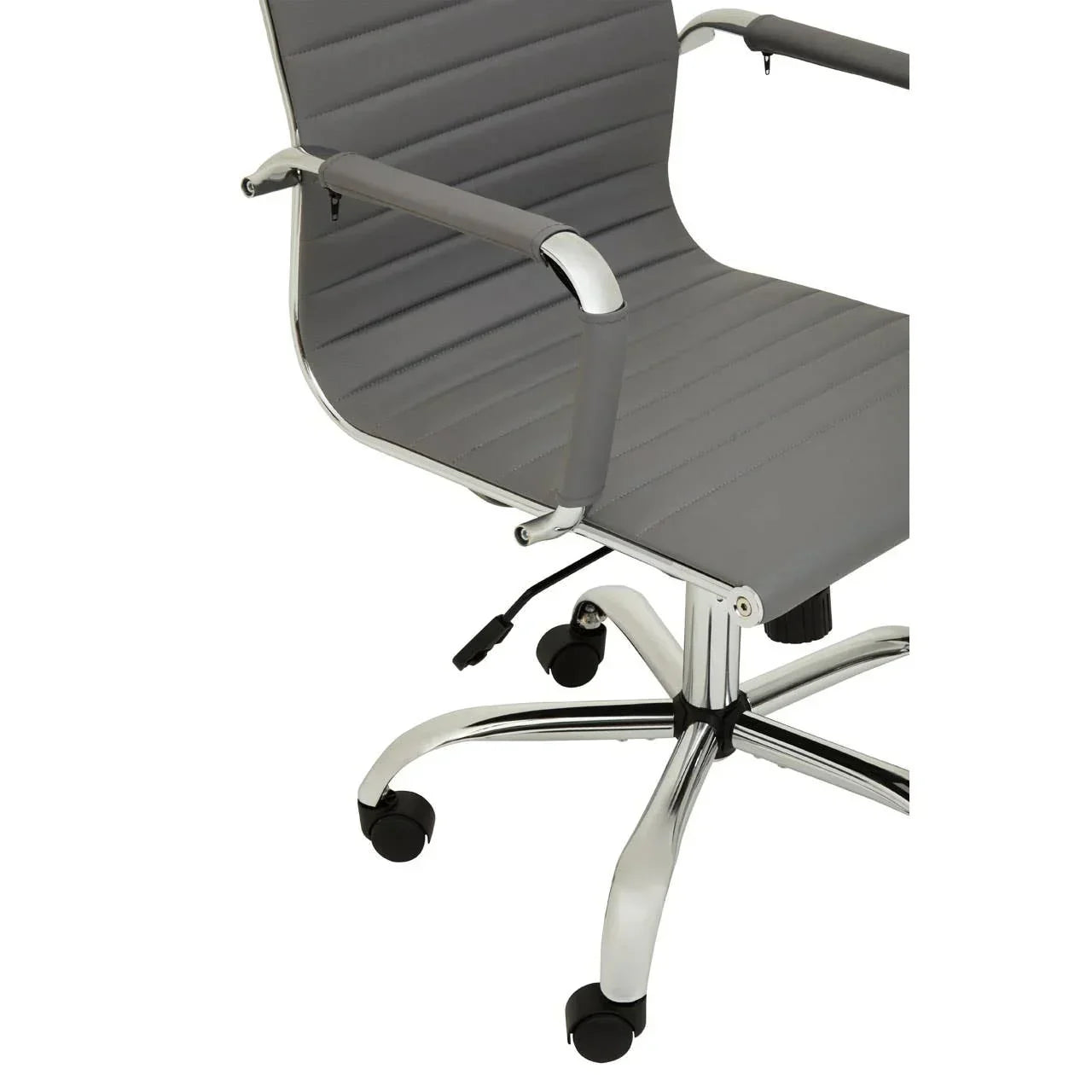Grey office chair with chrome arms and five-wheel metal base, partial side angle view