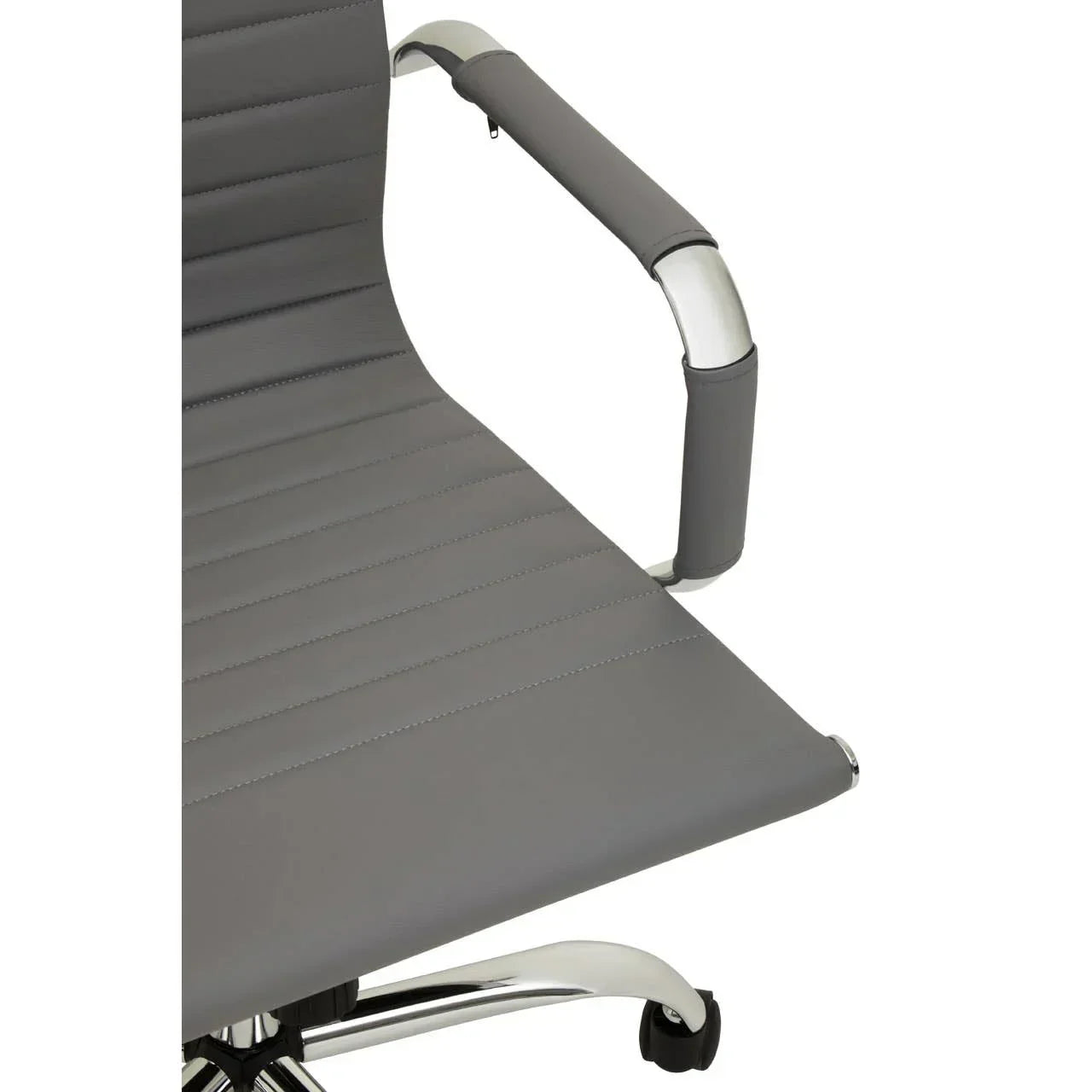 Grey office chair with chrome frame and padded armrest, close side view
