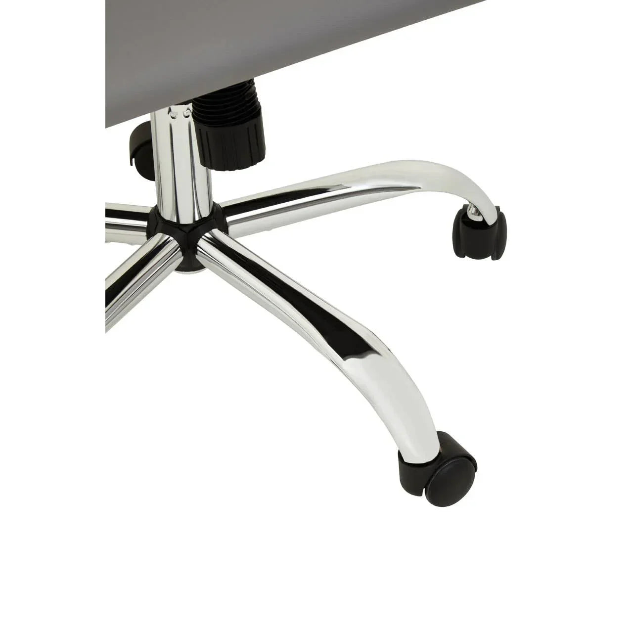 Chrome office chair base with caster wheels on white background