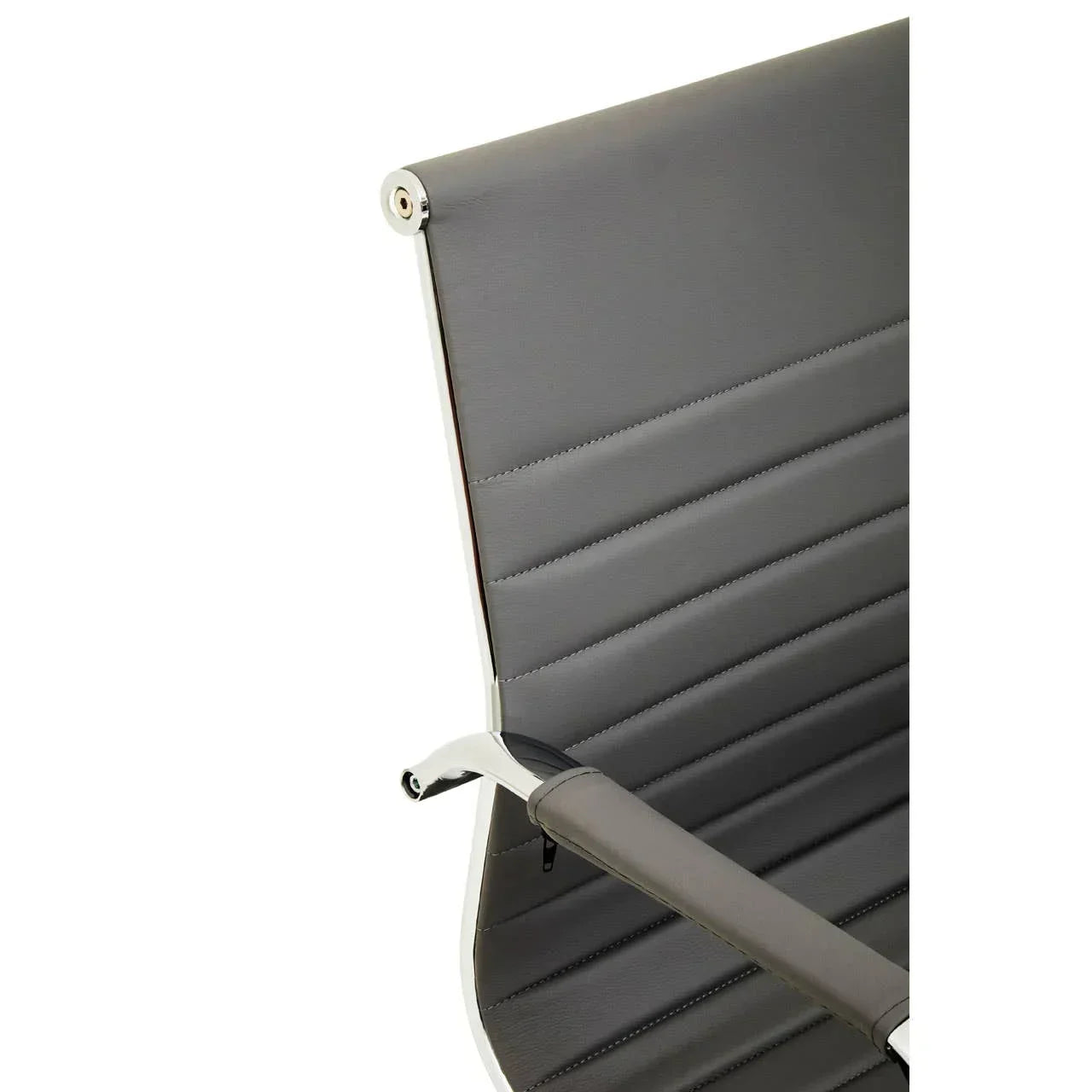 Grey leather office chair backrest with chrome frame and padded armrest close-up