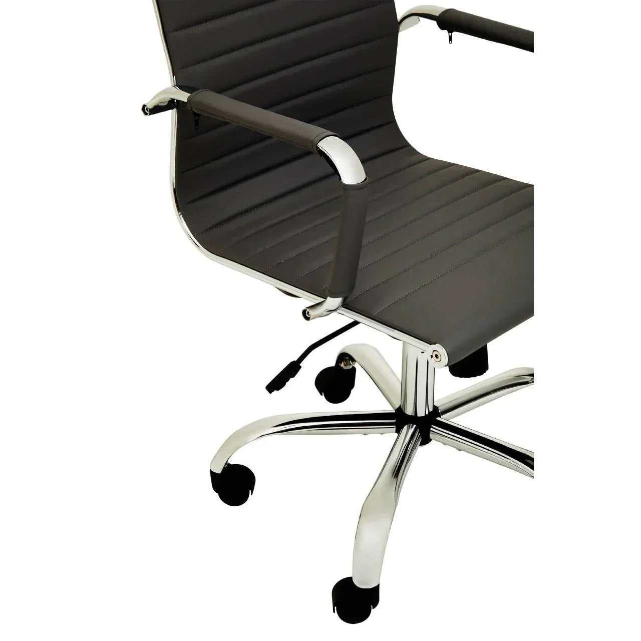 Black leather office chair with chrome armrests and base, adjustable height and casters