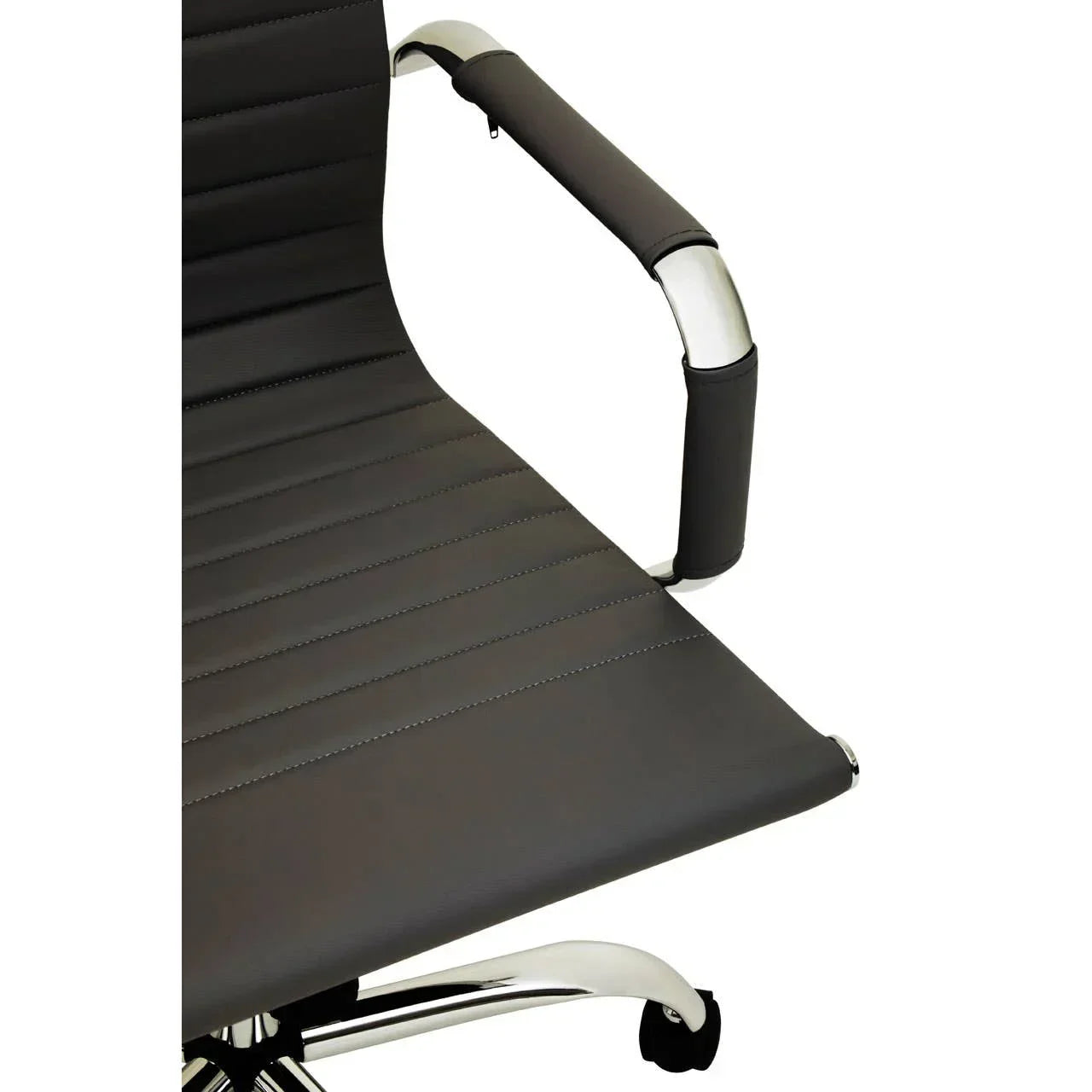 Black leather office chair seat with chrome armrest and stitched detailing