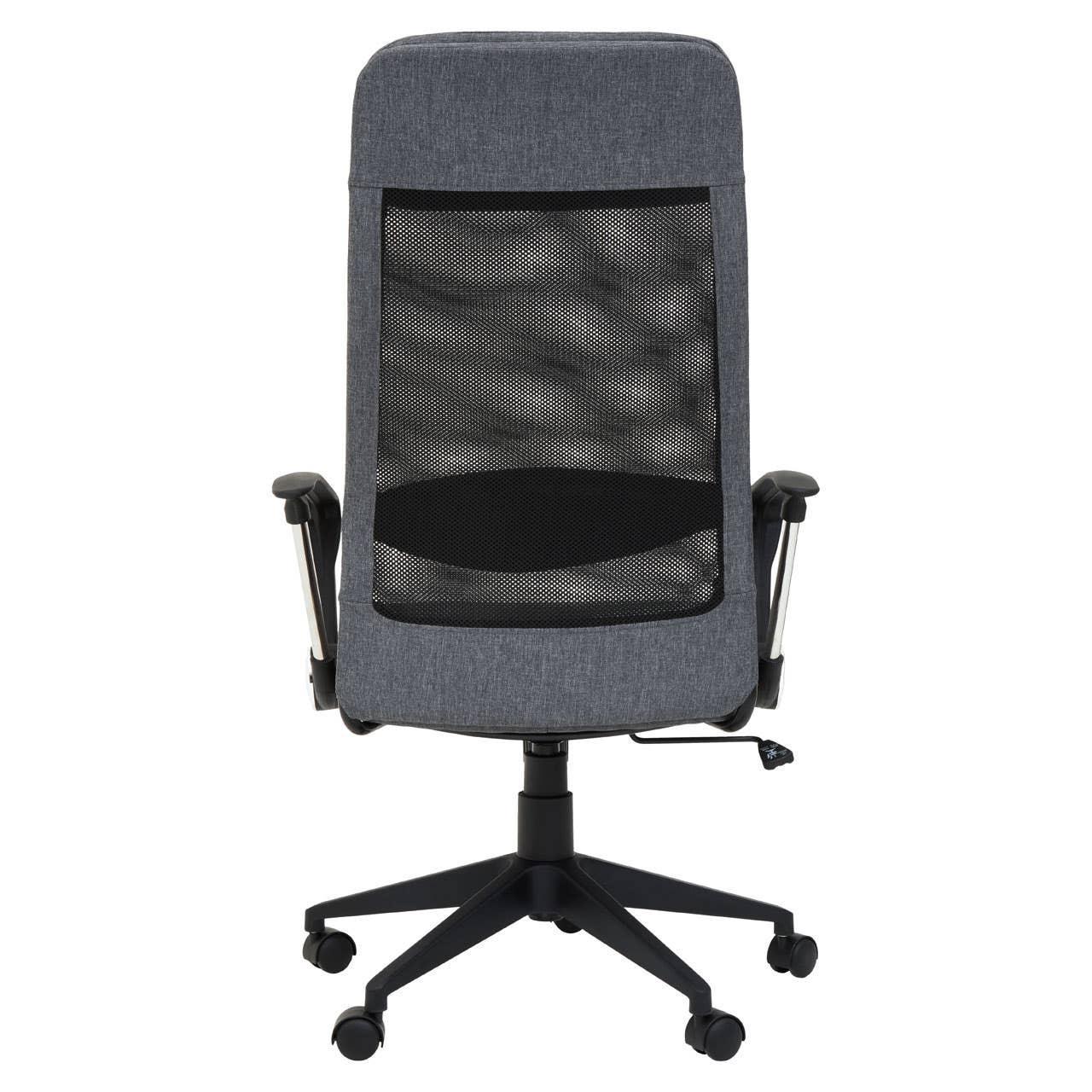 Grey office chair with mesh backrest, armrests, and five-wheel black base, rear view