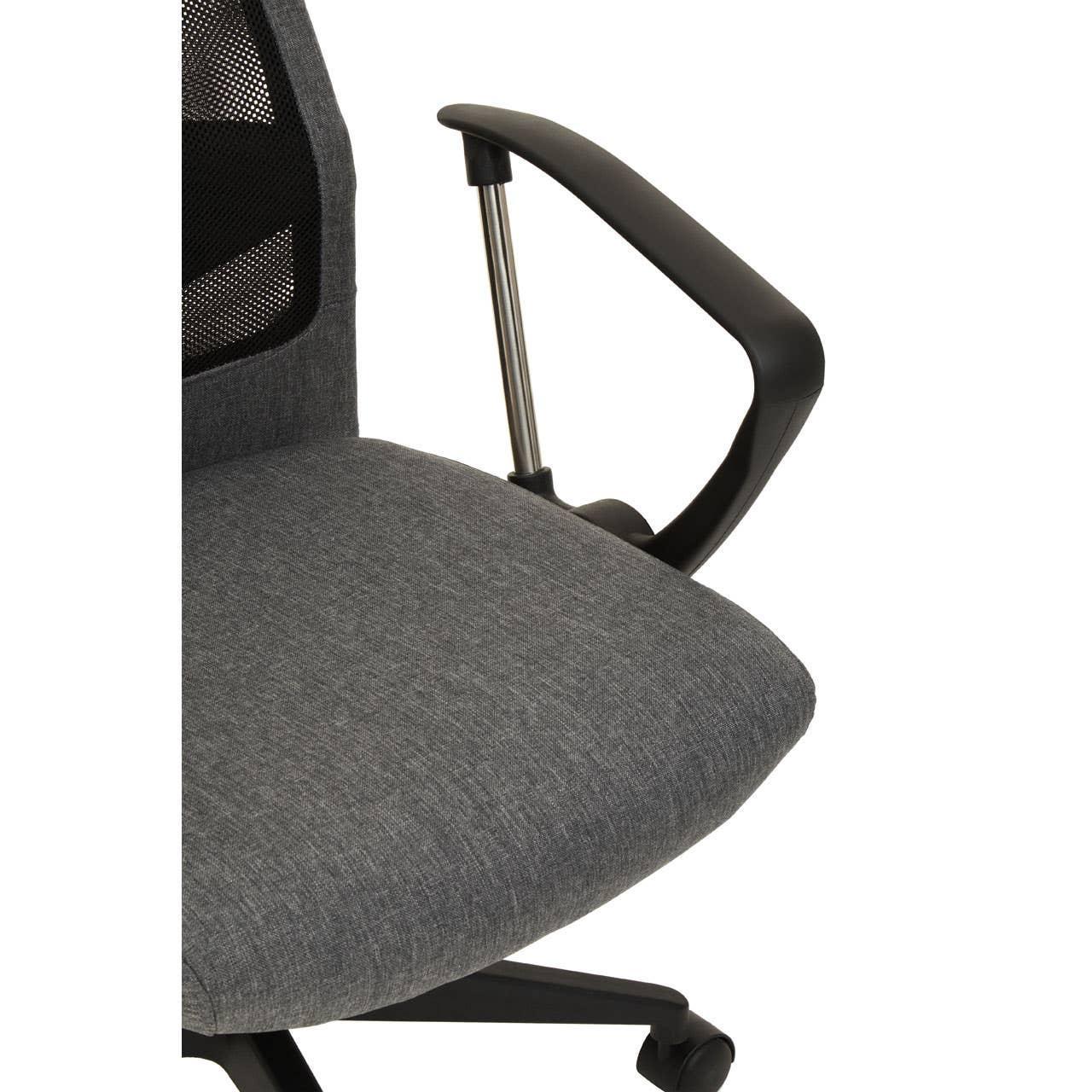 Grey fabric office chair seat with black mesh back and adjustable armrest