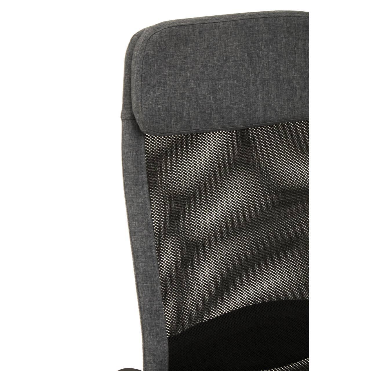 Close up of grey mesh office chair backrest and padded headrest