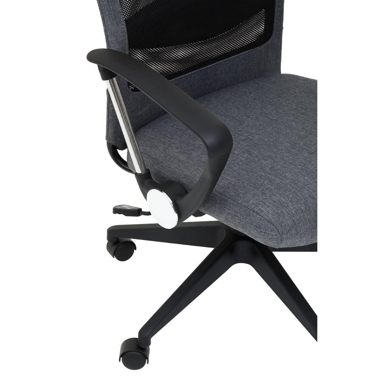 Grey fabric office chair with mesh backrest, padded seat, and black armrest on wheels