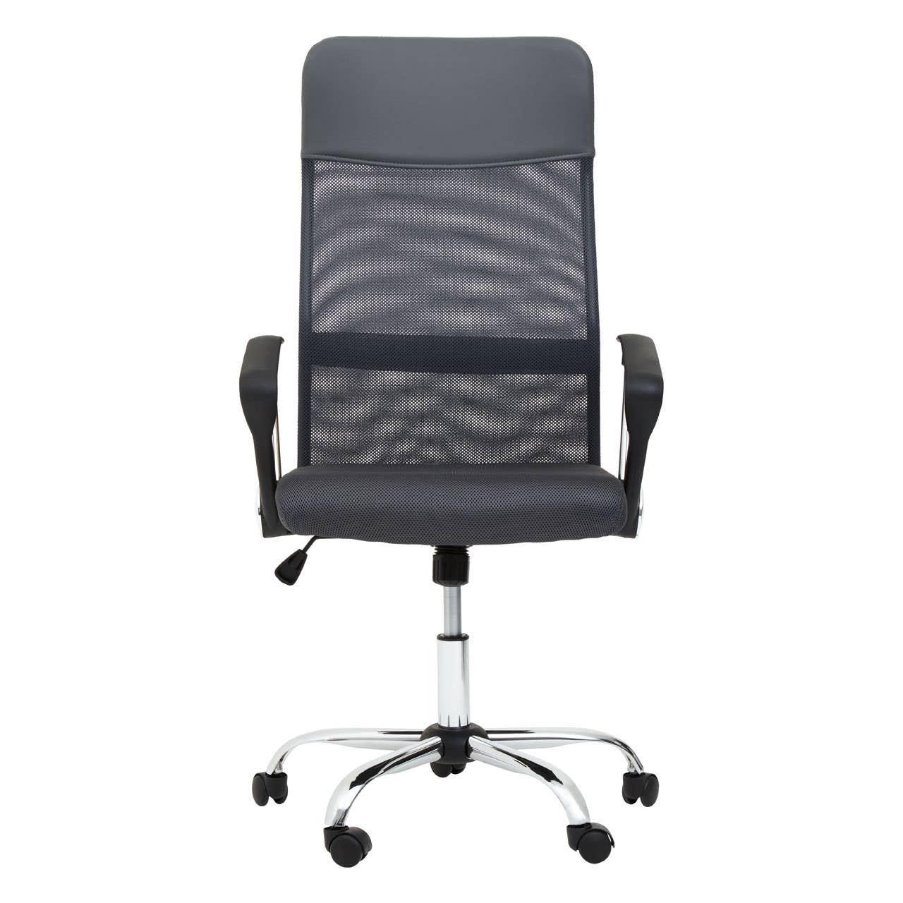 Black mesh office chair with armrests and chrome swivel base, front view