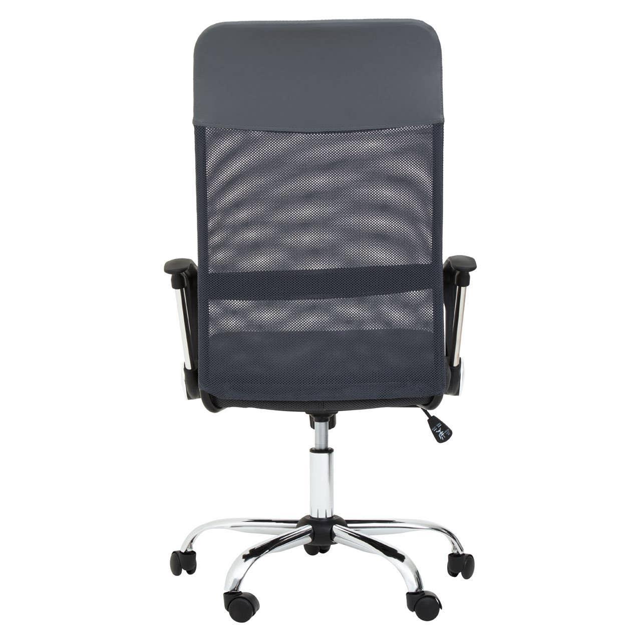 Black mesh office chair with armrests and chrome base, rear view