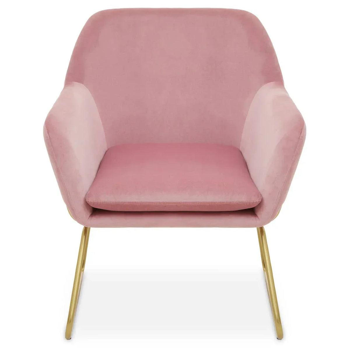 Pink velvet accent chair with gold metal legs, front view