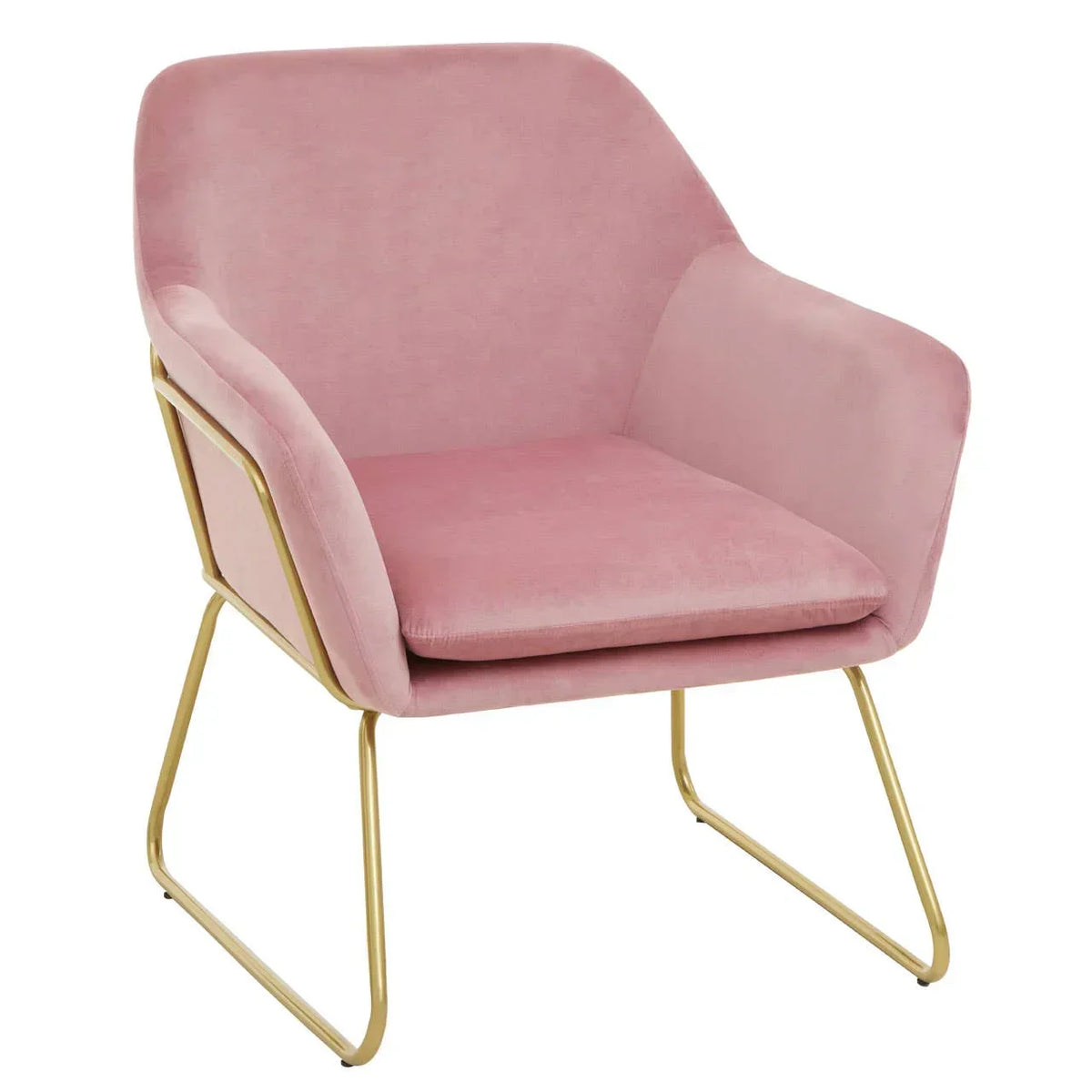 Pink velvet accent chair with gold metal legs and curved arms, front angled view