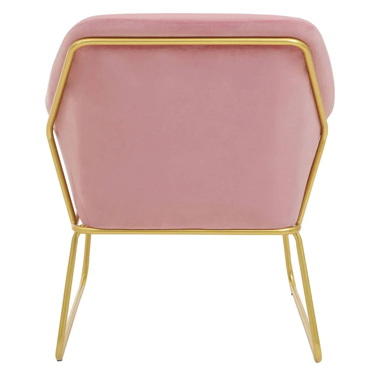 Rear view pink velvet accent chair with gold metal frame