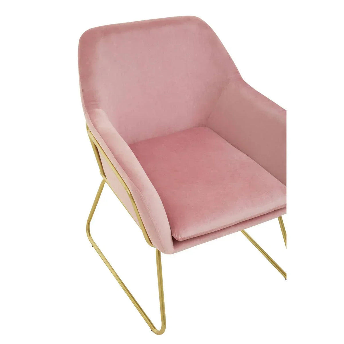 Pink velvet dining chair with gold metal legs, angled side view
