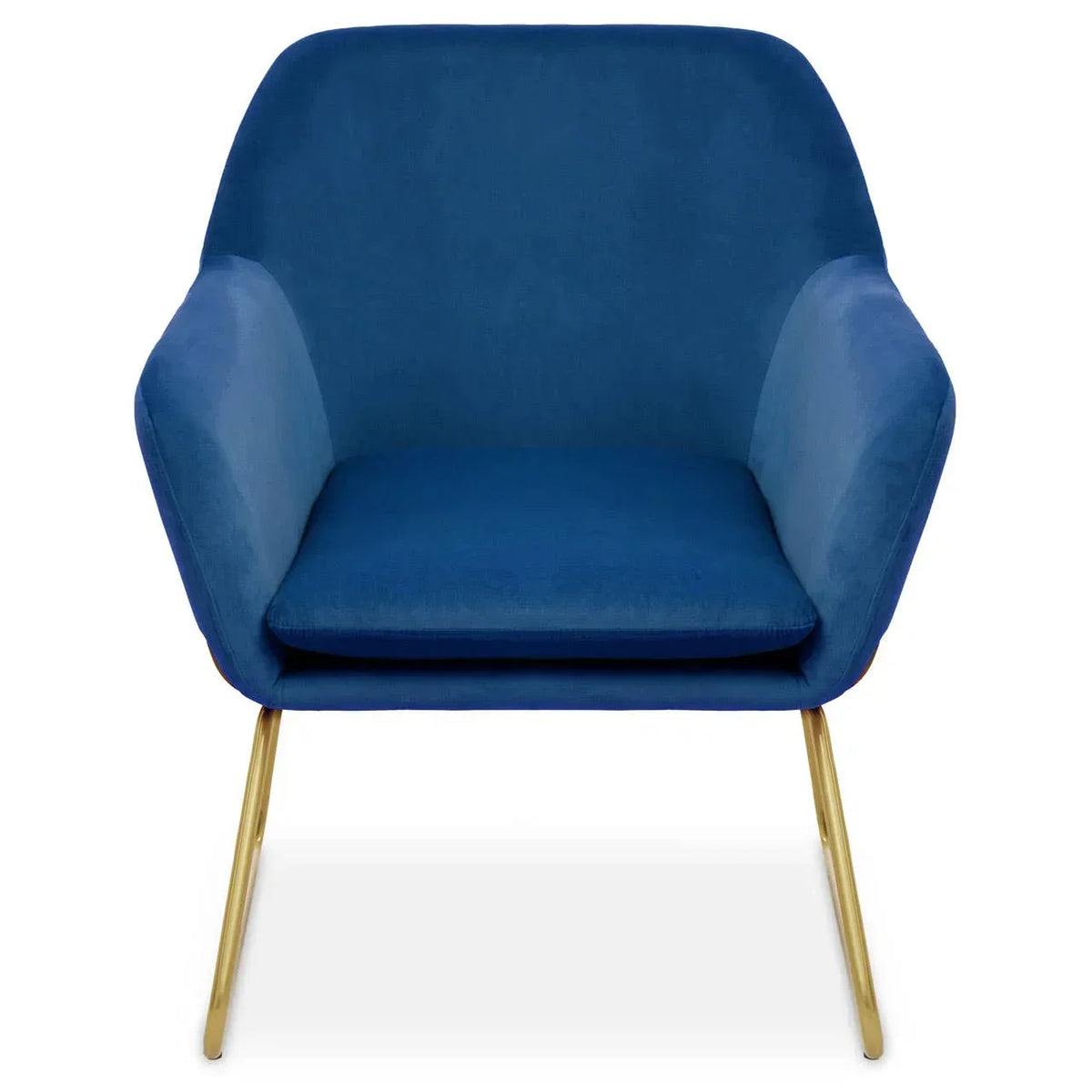 Blue velvet accent chair with gold metal legs, front view