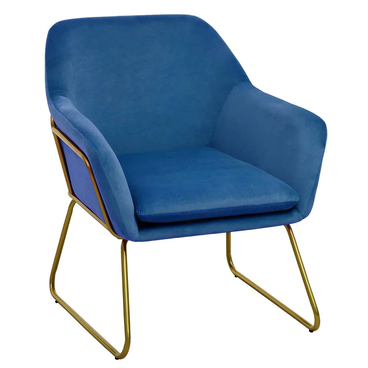 Blue velvet accent chair with gold metal legs and cushioned seat, angled front view