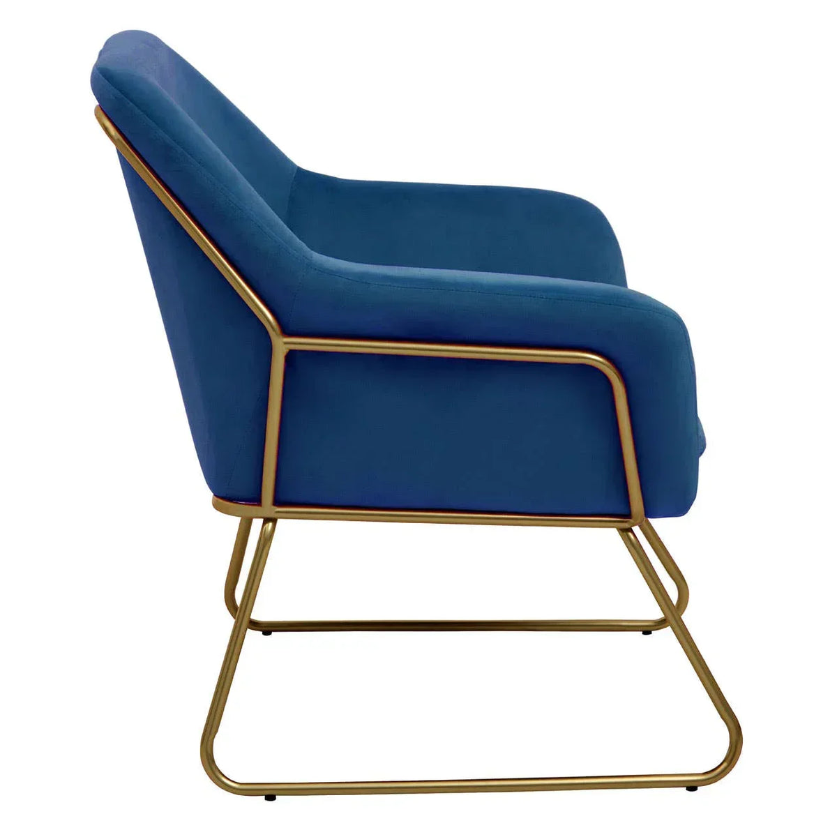 Blue accent chair with gold metal frame side view