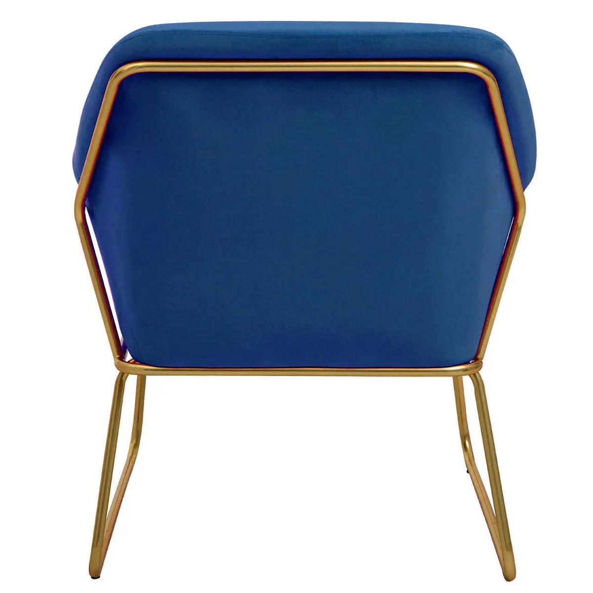 Blue accent chair with gold metal frame shown from the back