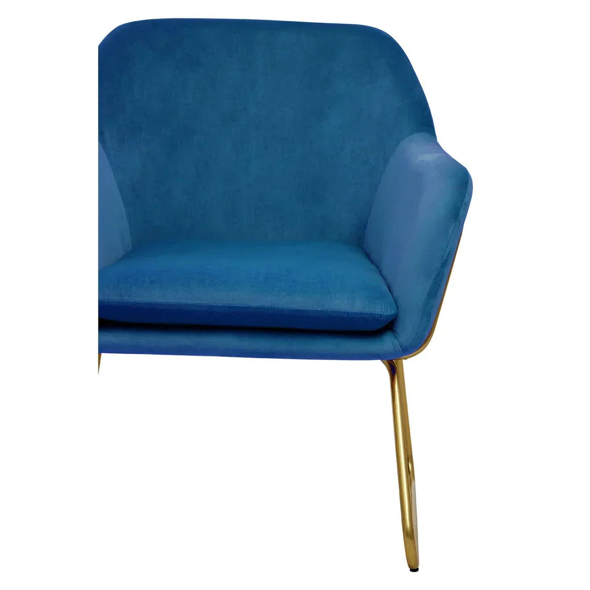 Blue velvet accent chair with gold metal legs, close-up of seat and armrest