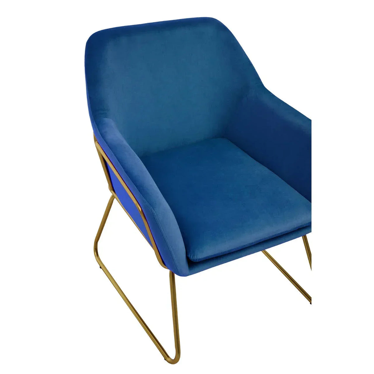 Blue velvet accent chair with gold metal legs and angled armrests