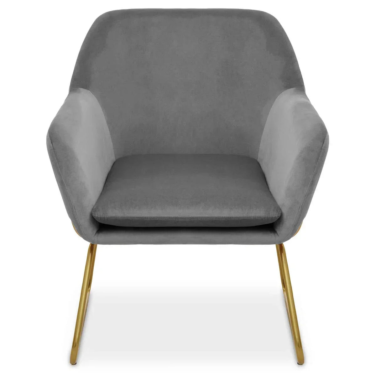 Grey velvet accent chair with curved back and gold metal legs, front view
