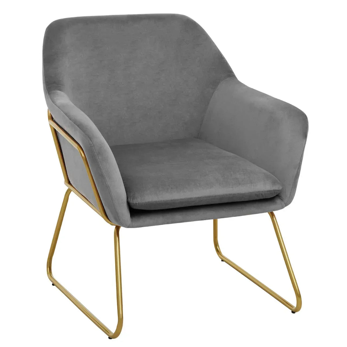 Grey velvet accent chair with gold metal legs and plush cushioned seat