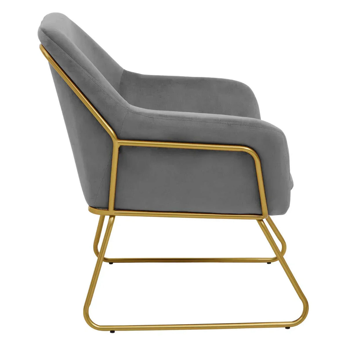 Grey velvet accent chair with gold metal frame, side profile view