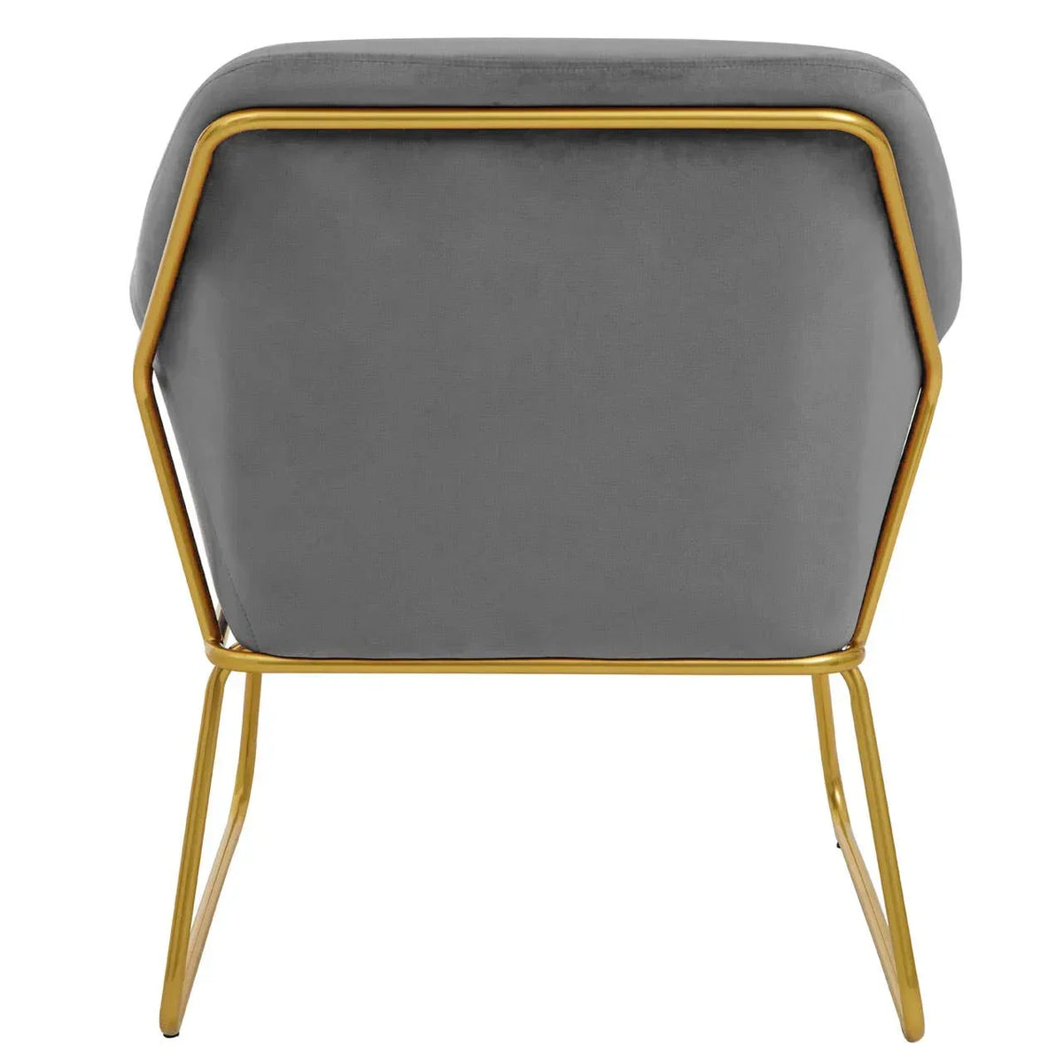 Grey velvet accent chair with gold metal frame shown from the back