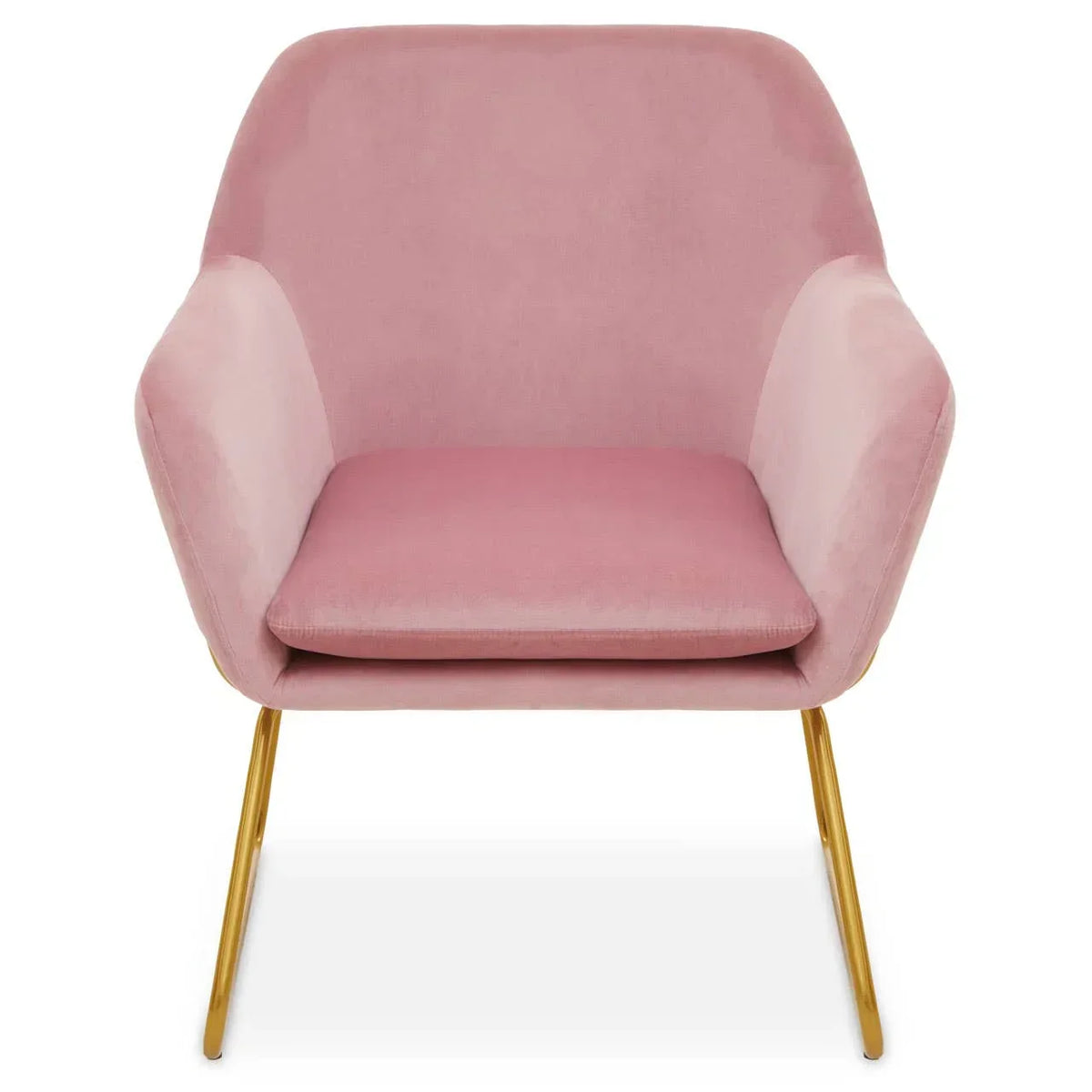 Pink velvet accent chair with gold metal legs, viewed from the front
