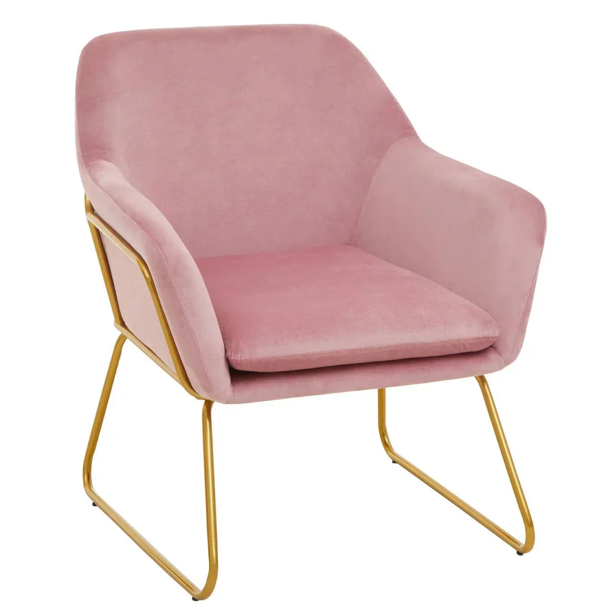 Pink velvet accent chair with gold metal legs and curved armrests
